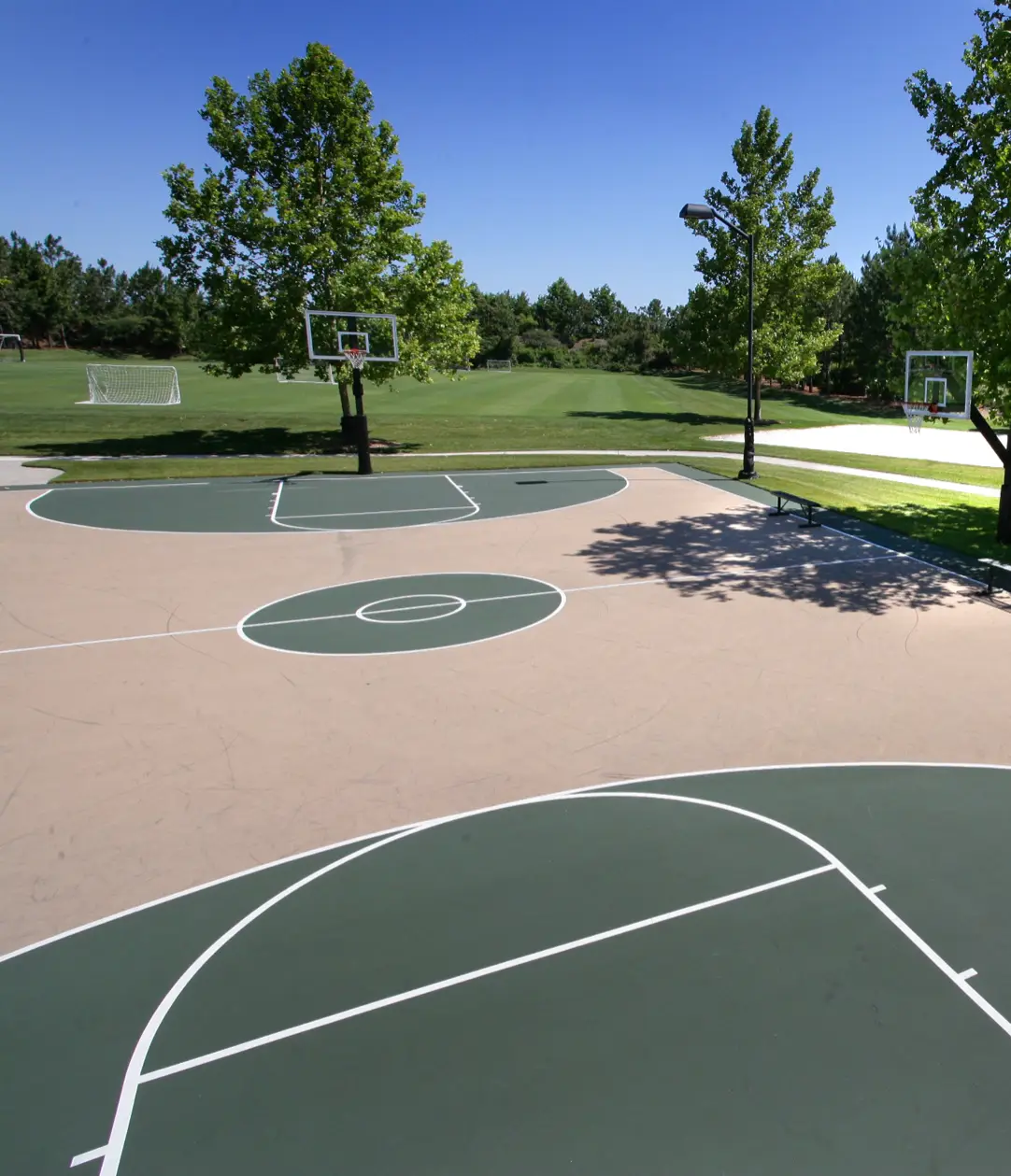 Terrain de basketball extérieur avec panier et revêtement sportif