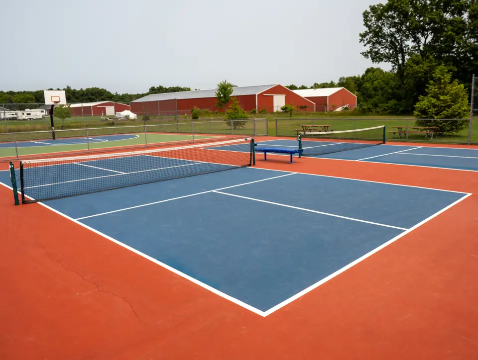Terrains de pickleball en résine acrylique à côté d'un terrain de basket extérieur